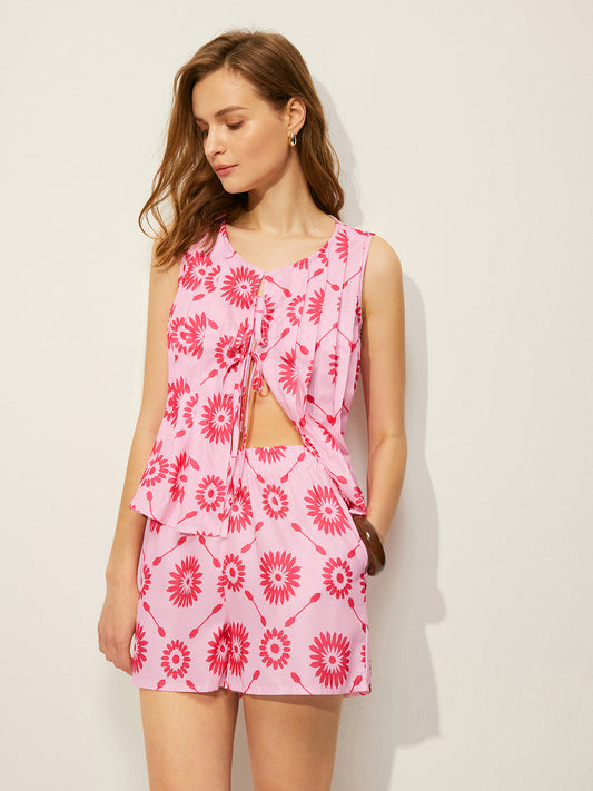 Cepli Çiçek Desenli Şort Takımı