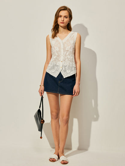 Pamuklu Çiçek İşlemeli Yelek