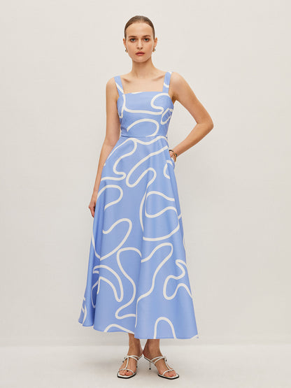 Soyut Çizgi Desenli Kare Askılı Elbise