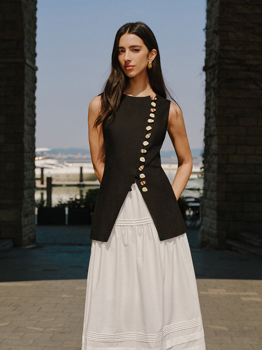 Keten Karışımlı Düğme Detaylı Yelek