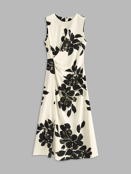 Çiçek Desenli Kolsuz Pileli Elbise