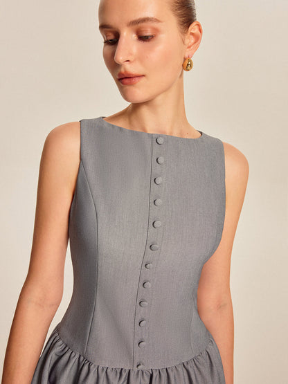 Önü Düğmeli Pileli Kolsuz Elbise