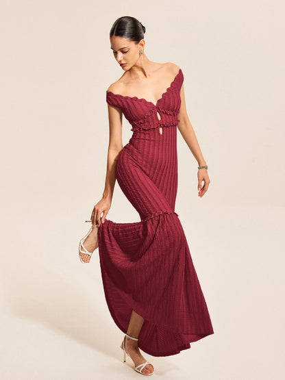 Omuz Açık Volan Detaylı Elbise