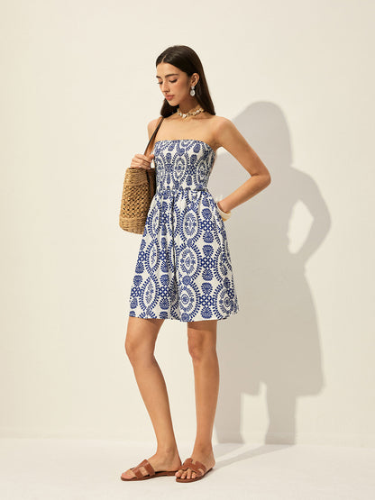 Straplez Çiçek Desenli Elbise