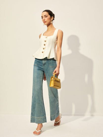 Kare Yakalı Önü Düğmeli Peplum Üst