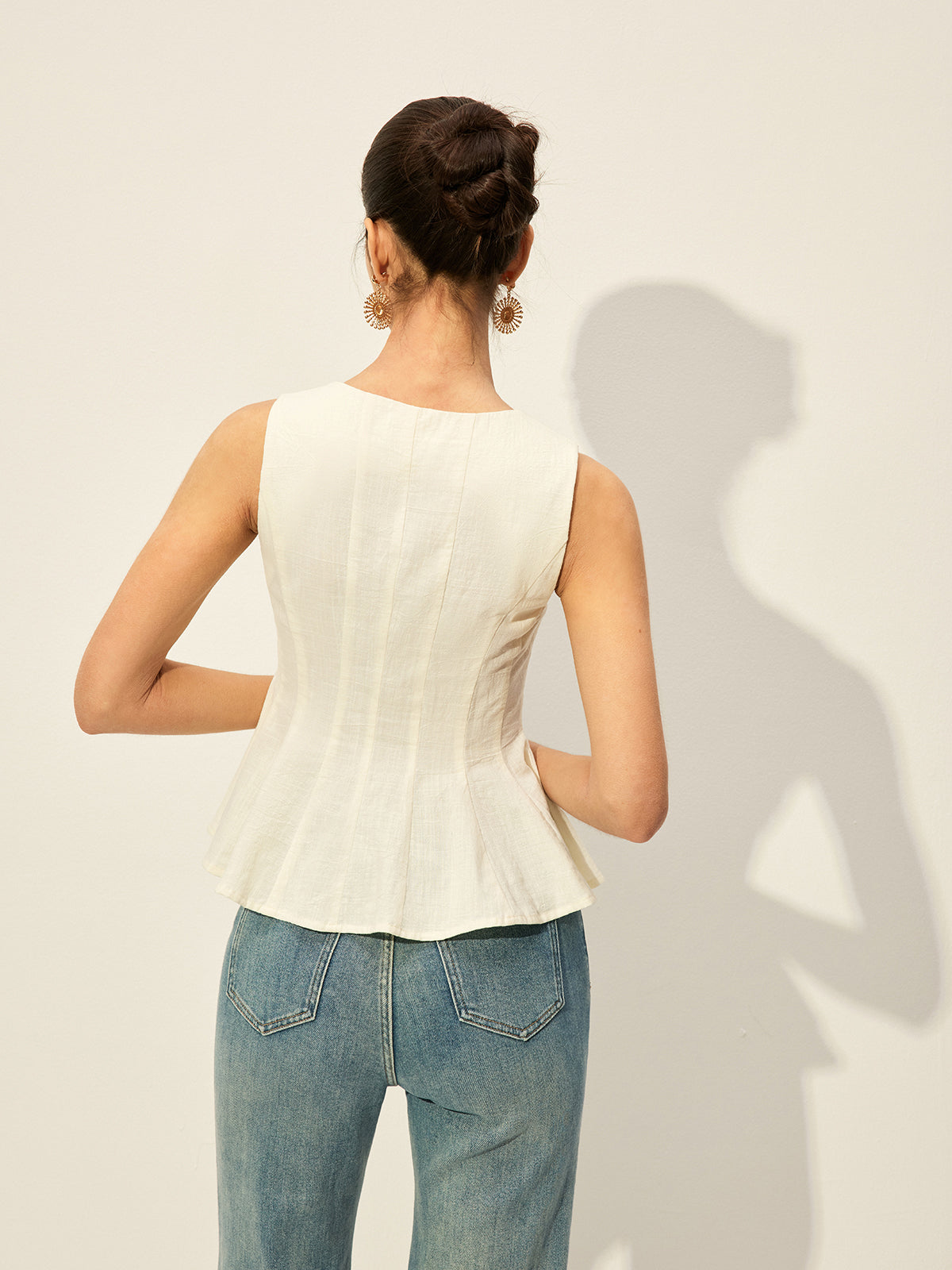 Kare Yakalı Önü Düğmeli Peplum Üst