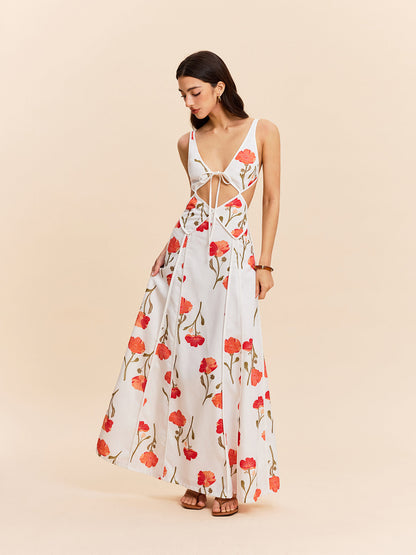 Çiçekli Kesikli Sırtı Bağcıklı Elbise