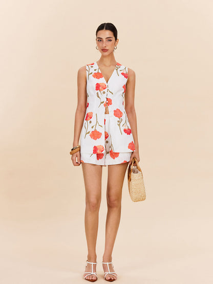 Çiçekli Önü Düğmeli Şort Takımı