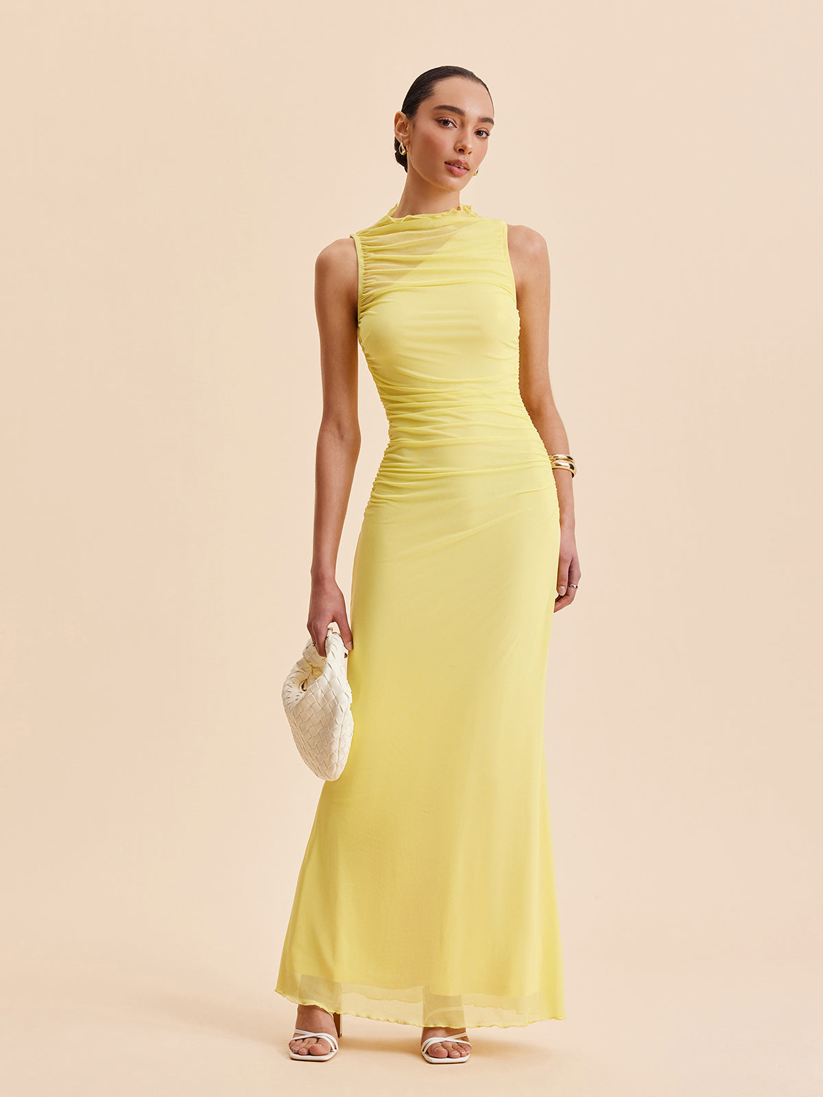 Fileli Büzgülü Kolsuz Elbise