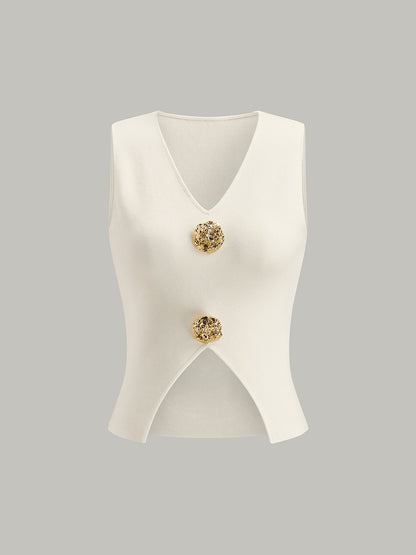 Metal Detaylı V Yakalı Yırtıklı Kazak Yelek