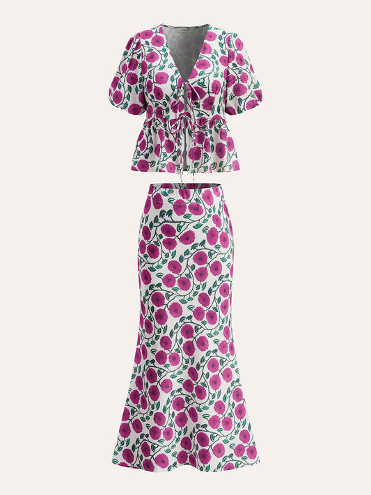 Boho V Yaka Bağcıklı Puf Kollu Etek Takımı