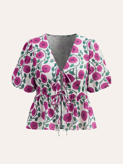 Boho V Yaka Bağcıklı Puf Kollu Etek Takımı