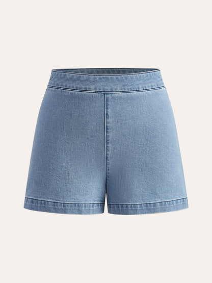 Metal Düğmeli Bağlamalı Kot V Yaka Şort Takımı