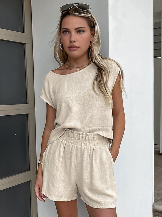 Pamuk ve Keten Cepli Şort Takımı