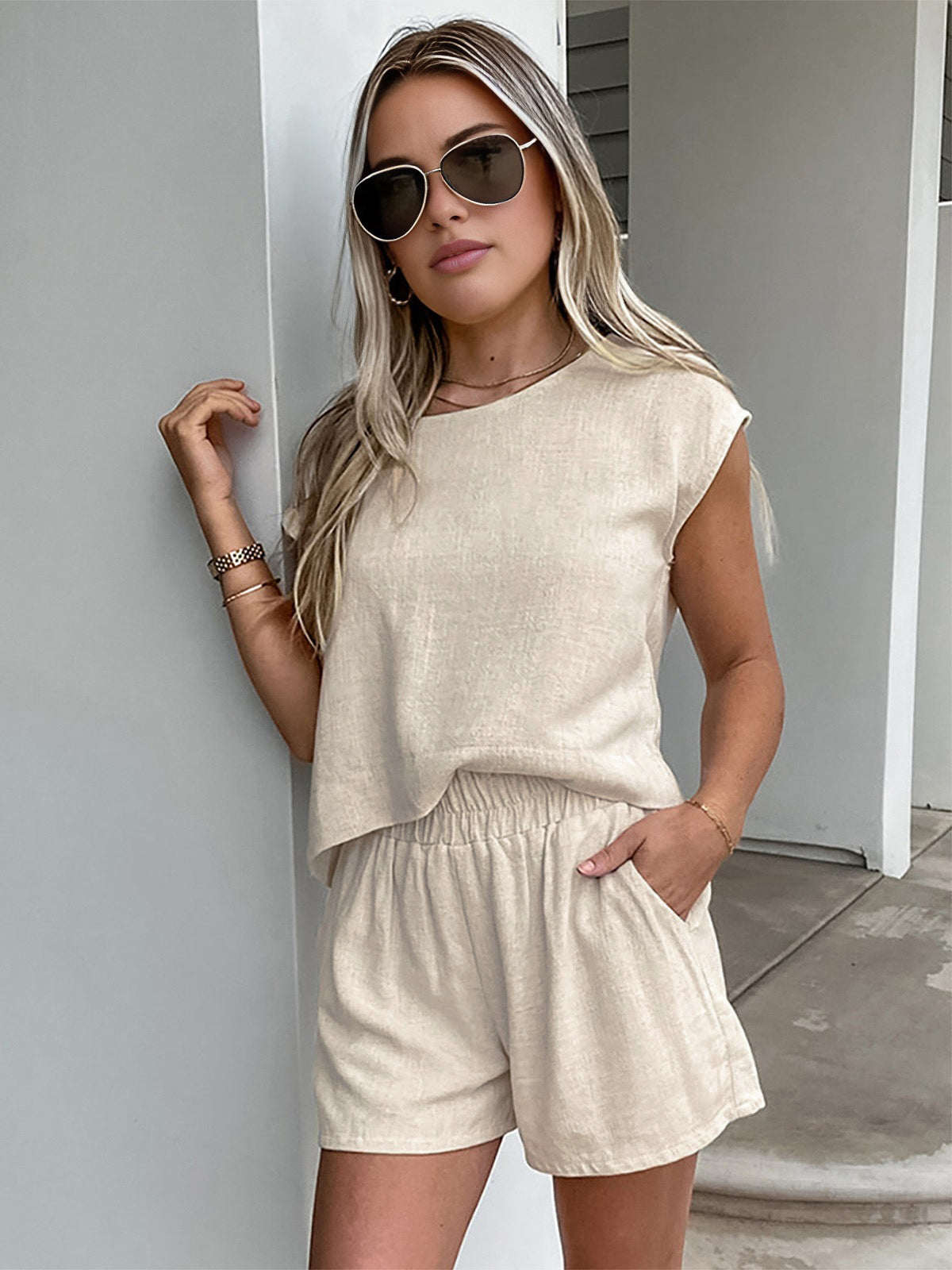 Pamuk ve Keten Cepli Şort Takımı