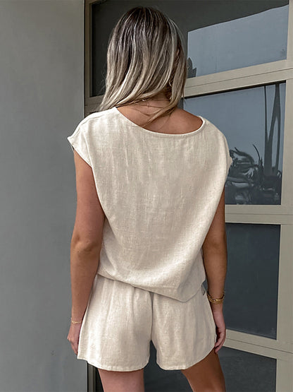 Pamuk ve Keten Cepli Şort Takımı