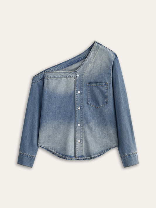 Asimetrik Yaka Kot Kısa Gömlek