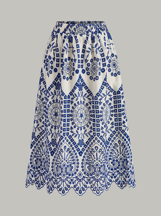 Pamuklu Nakışlı Taraklı Etek Ucu Lastikli Bel Etek