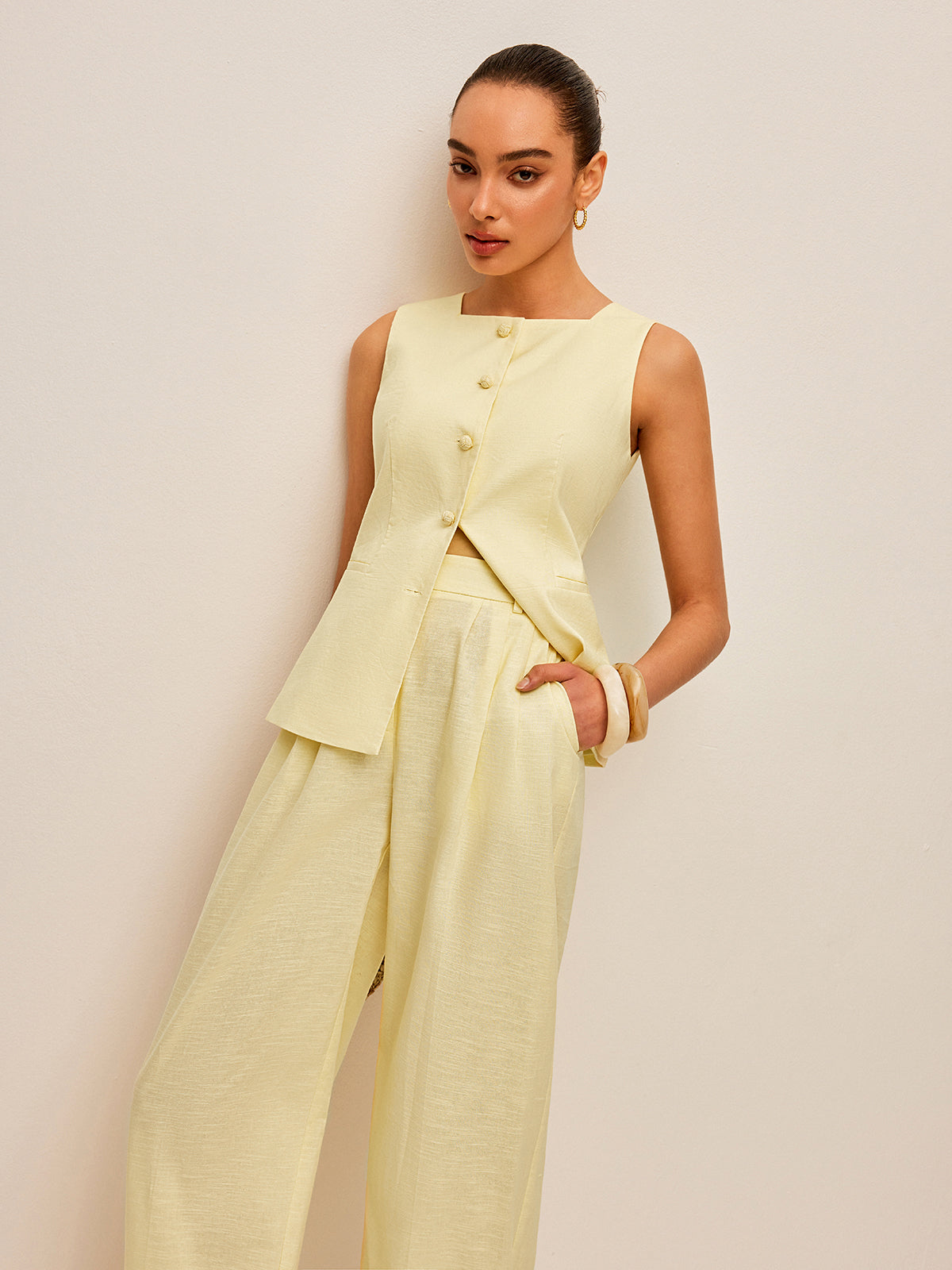 Pamuk ve Keten Cepli Bağcıklı Yelek Pantolon Takımı