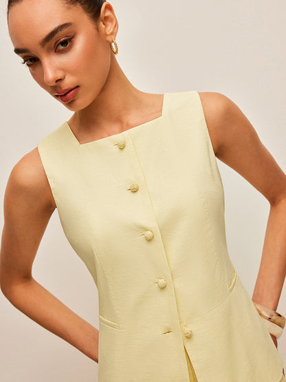 Pamuk ve Keten Cepli Bağcıklı Yelek Pantolon Takımı