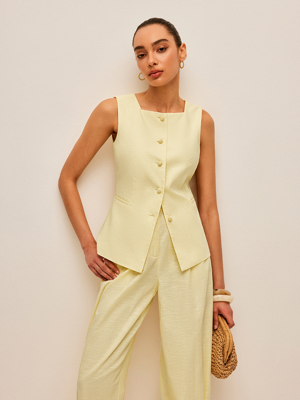 Pamuk ve Keten Cepli Bağcıklı Yelek Pantolon Takımı