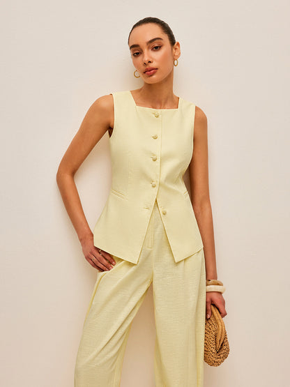 Pamuk ve Keten Cepli Bağcıklı Yelek Pantolon Takımı