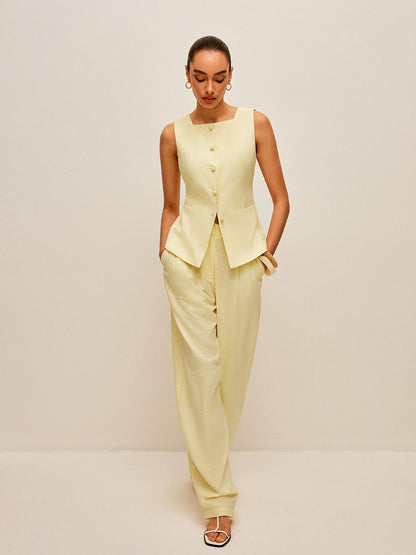 Pamuk ve Keten Cepli Bağcıklı Yelek Pantolon Takımı