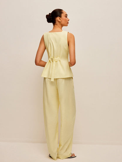 Pamuk ve Keten Cepli Bağcıklı Yelek Pantolon Takımı