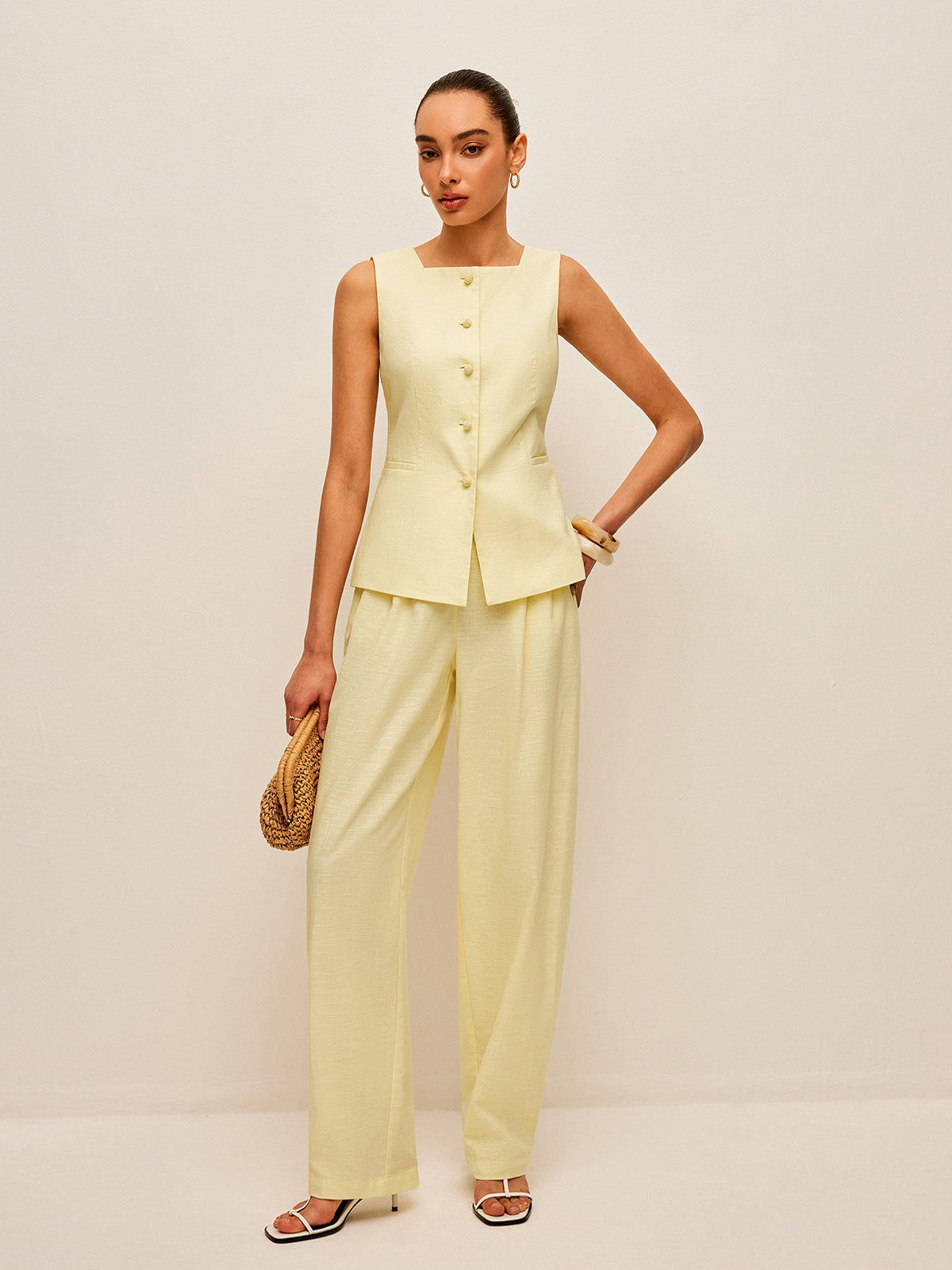 Pamuk ve Keten Cepli Bağcıklı Yelek Pantolon Takımı