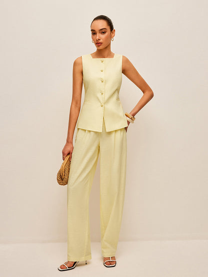 Pamuk ve Keten Cepli Bağcıklı Yelek Pantolon Takımı
