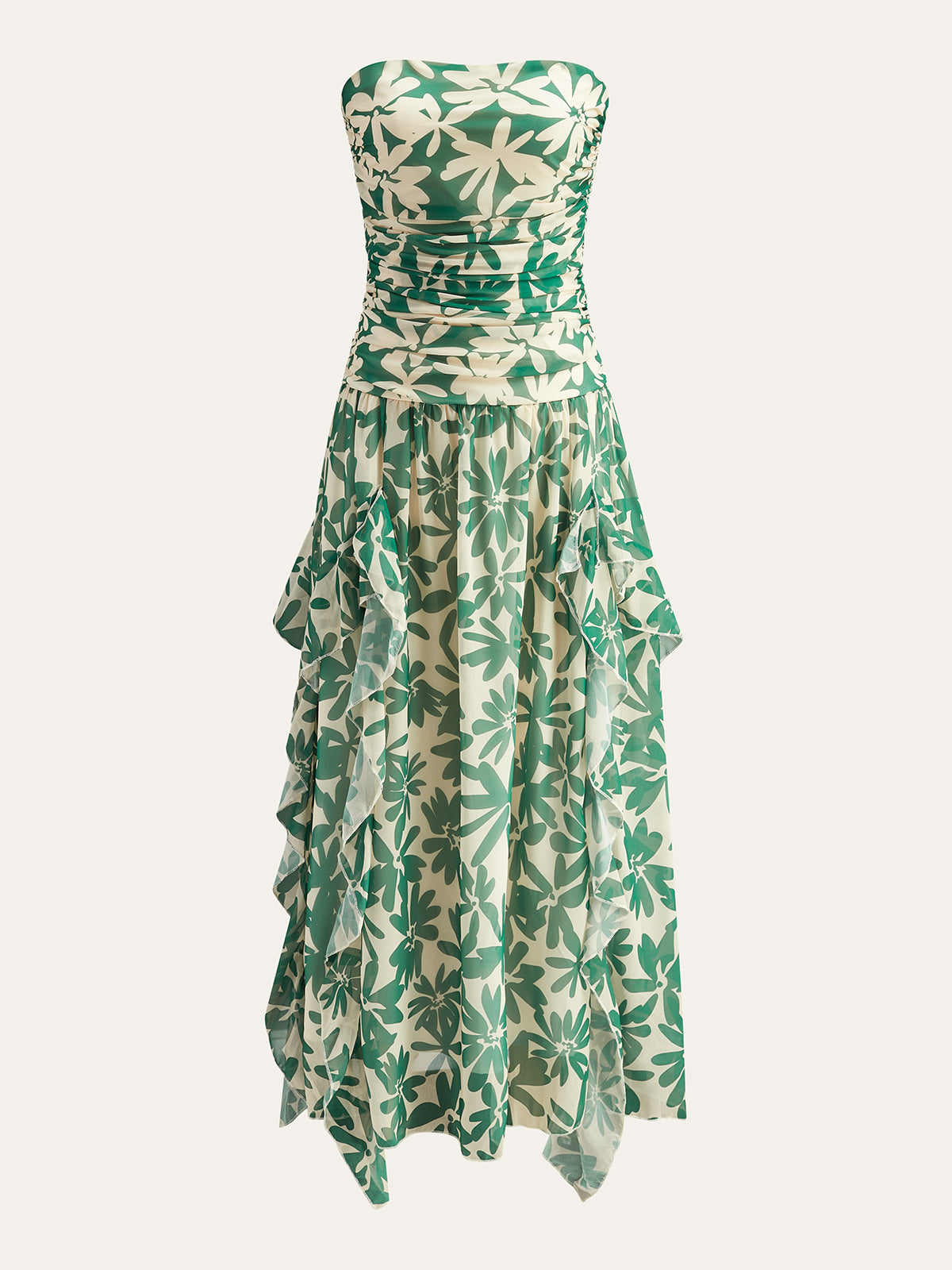 Fırfır Detaylı Çiçek Desenli Straplez Elbise