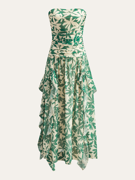 Fırfır Detaylı Çiçek Desenli Straplez Elbise