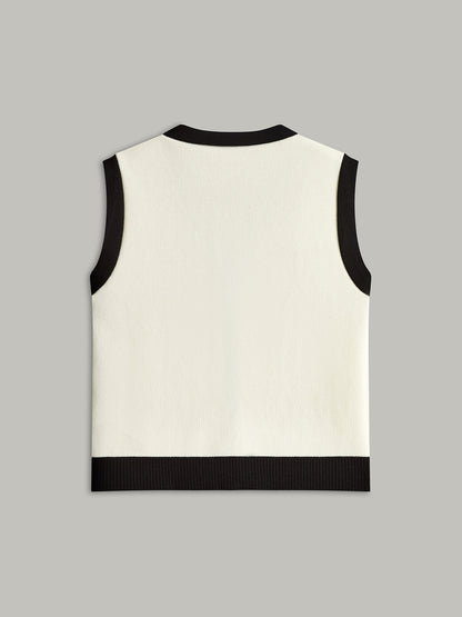 Kontrast Kenarlı Metal Düğmeli Dekor Cepli Kazak Yelek