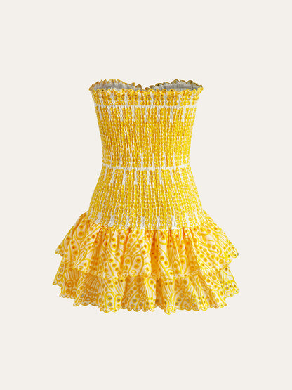 Pamuklu Kalp Yaka İşlemeli Askısız Elbise