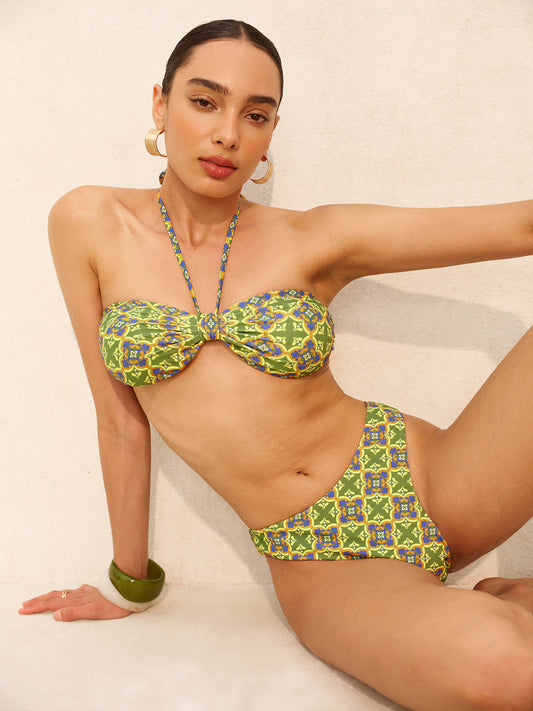 Halter Bağcıklı Retro Baskılı Bikini Üstü