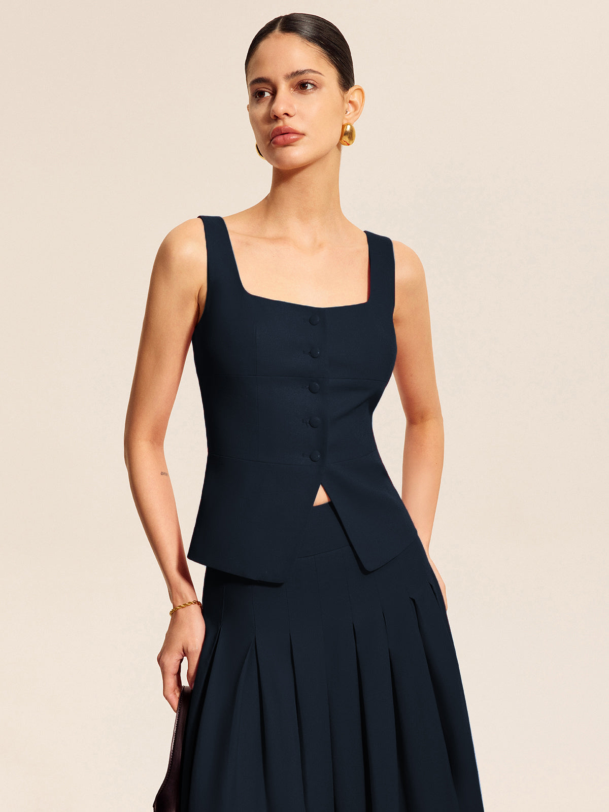 Pamuk ve Keten Kare Yaka Yelek Üst