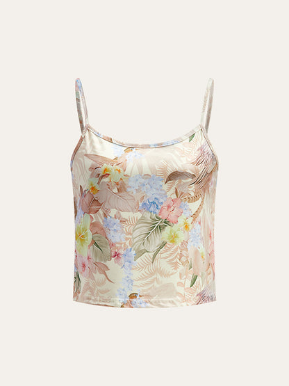 Çiçek Desenli Üç Parçalı Şort Takımı Kemerli