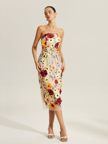 Şeffaf Askılı Yarı Şeffaf İşlemeli Çiçek Desenli Elbise