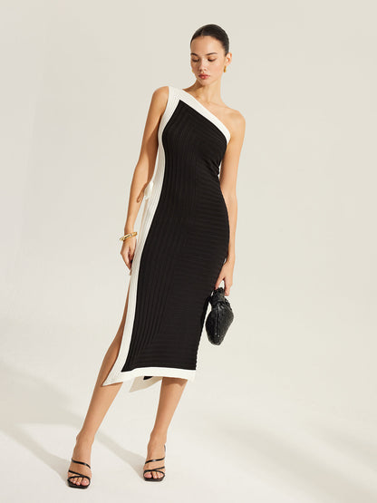 Yan Bağlamalı Renk Bloklu Tek Omuzlu Örgü Elbise