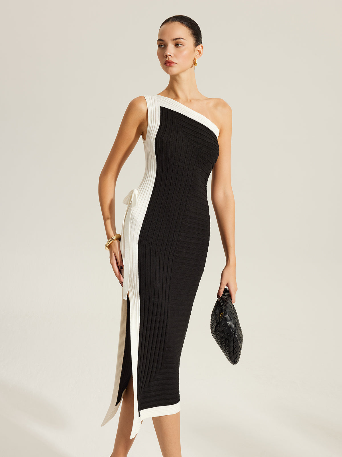 Yan Bağlamalı Renk Bloklu Tek Omuzlu Örgü Elbise