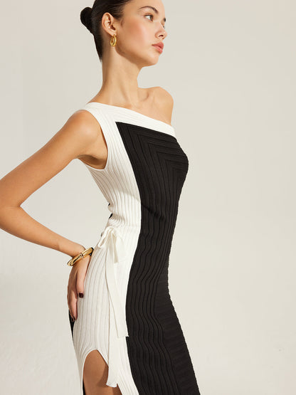 Yan Bağlamalı Renk Bloklu Tek Omuzlu Örgü Elbise