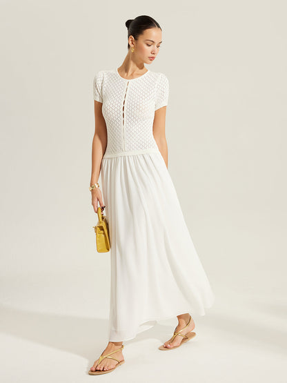 Şeffaf Panelli Önü Düğmeli Örgü Elbise