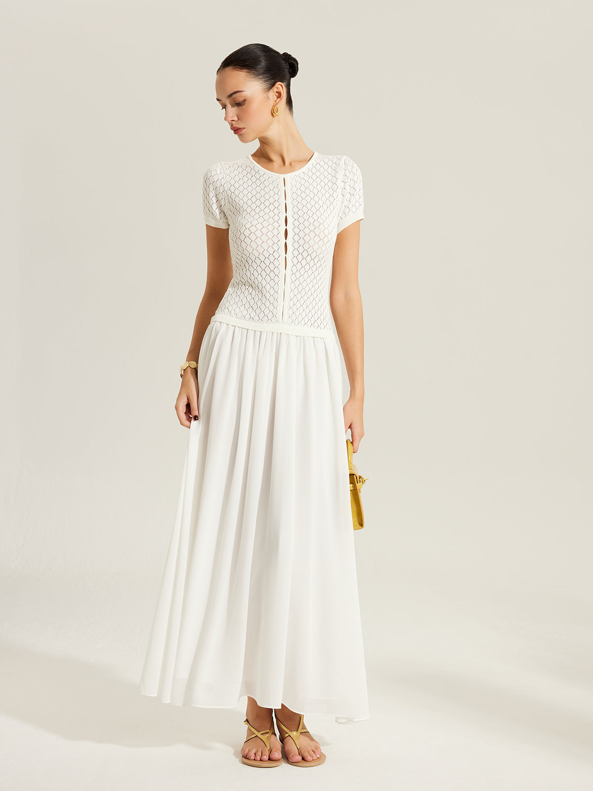 Şeffaf Panelli Önü Düğmeli Örgü Elbise