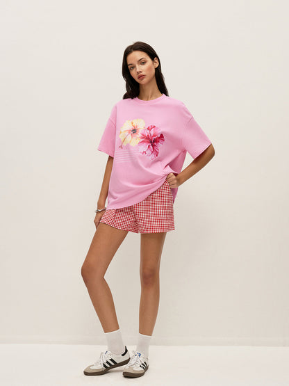 Pamuklu Çiçekli Grafik Büyük Boy Tişört