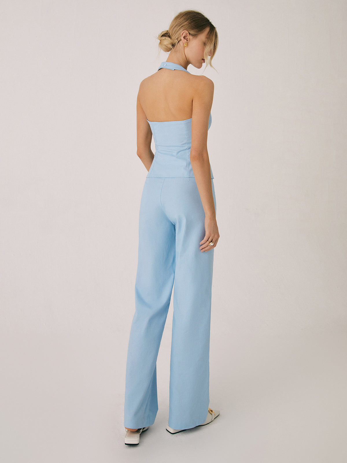 Pamuk ve Keten Yelek ve Düz Paça Pantolon Takımı