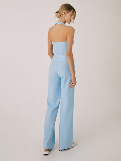 Pamuk ve Keten Yelek ve Düz Paça Pantolon Takımı