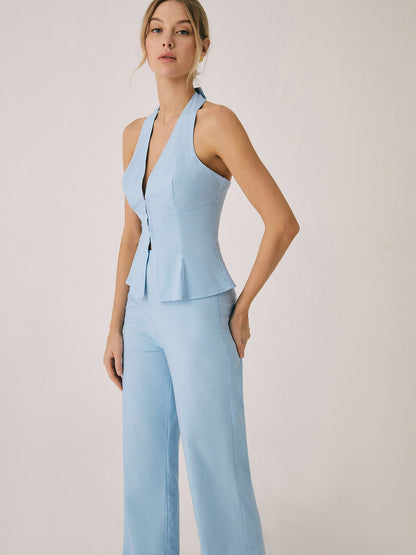 Pamuk ve Keten Yelek ve Düz Paça Pantolon Takımı