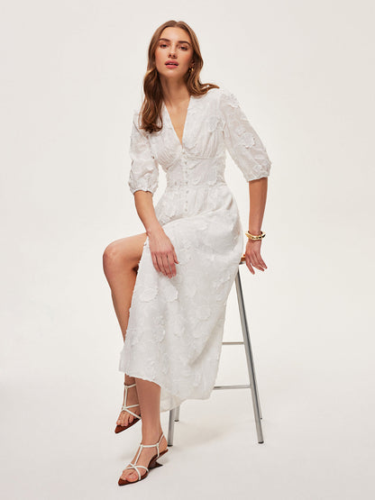 Pamuklu İşlemeli Önü Düğmeli Elbise