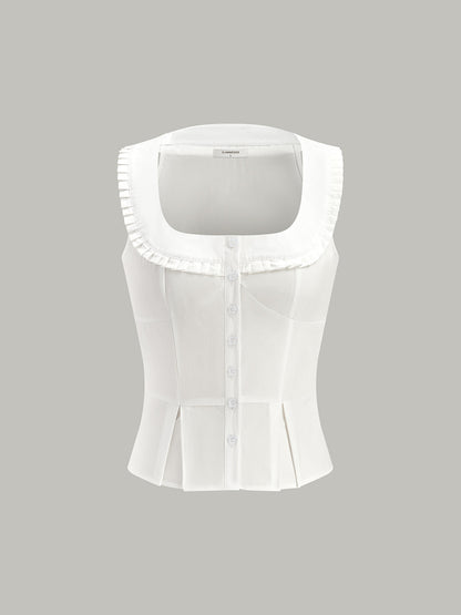 Pileli Kare Yaka Düğmeli Üst