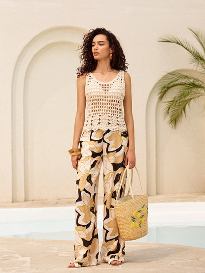 Orta Bel Çiçek Desenli Cepli Pantolon